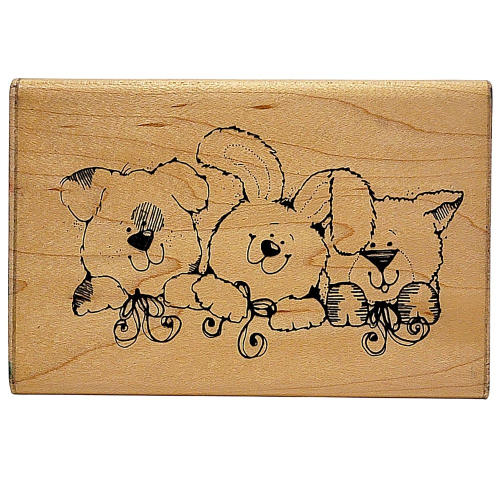 VTG 90s DOTS DJ Hook Critter Trio Rubber Stamp U101 1991‎ 3"x4.5" Dog Bunny Cat